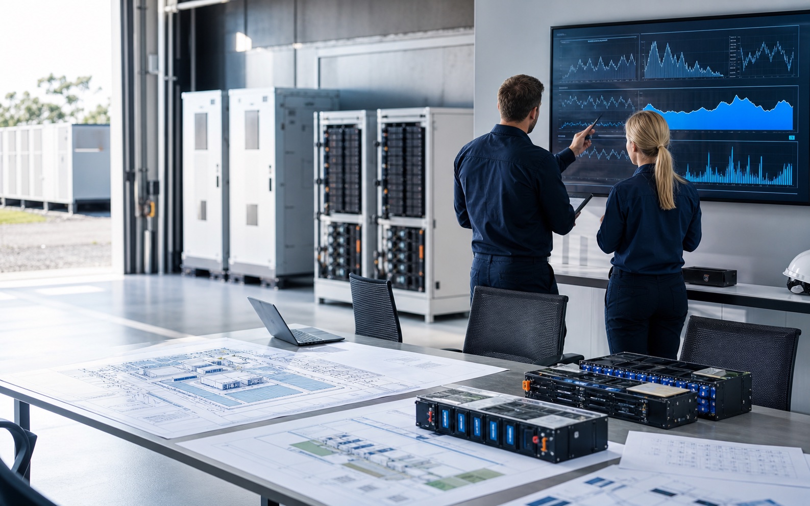 Battery storage engineers reviewing site plans, load data and battery modules in a technical planning room.