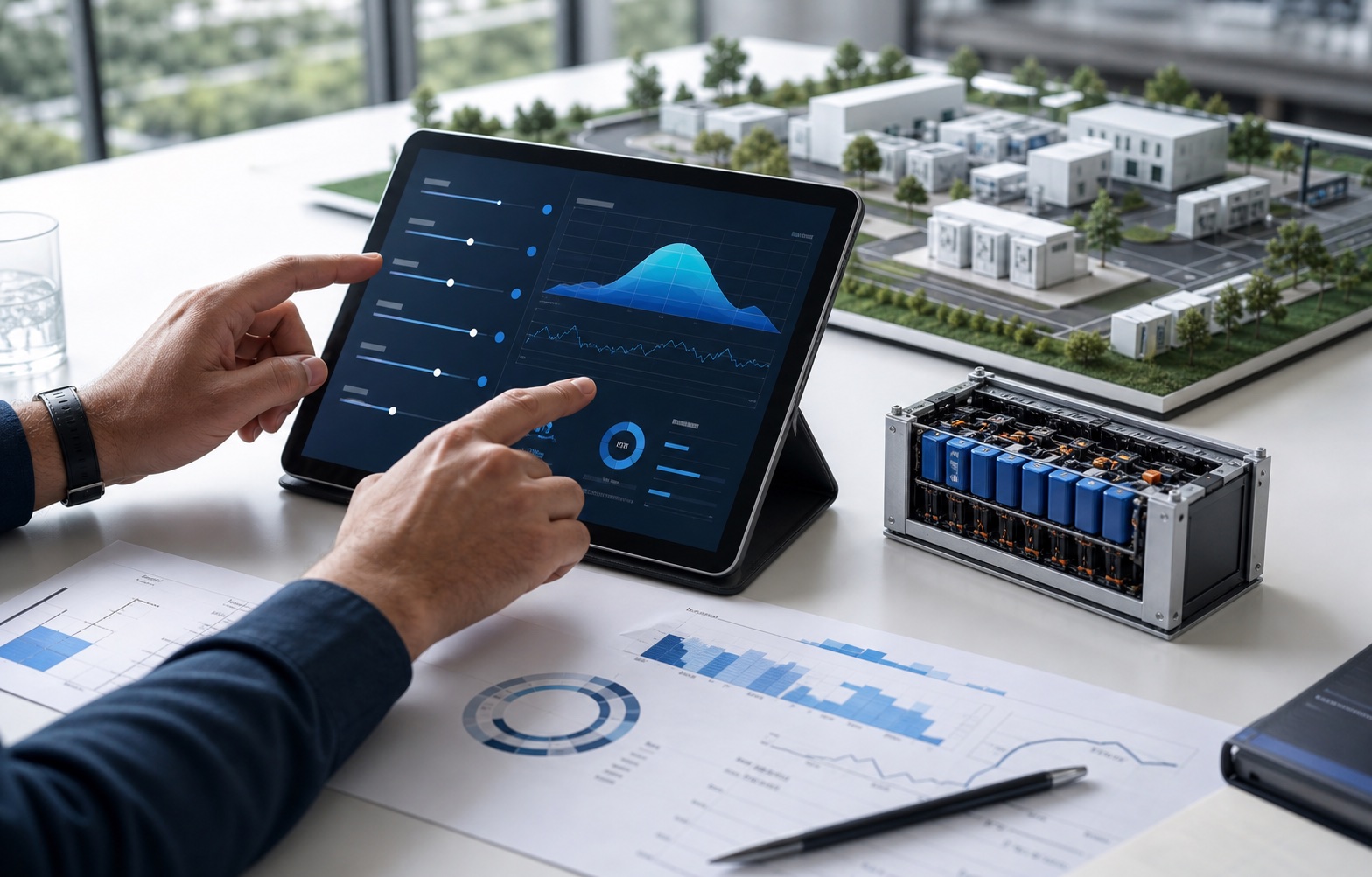 Battery storage concept planning workspace with a sizing interface, site model and battery module sample.