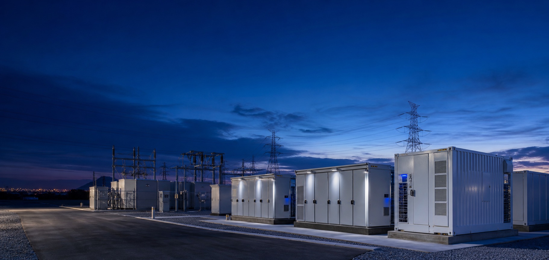 Battery energy storage containers connected to grid infrastructure at dusk.