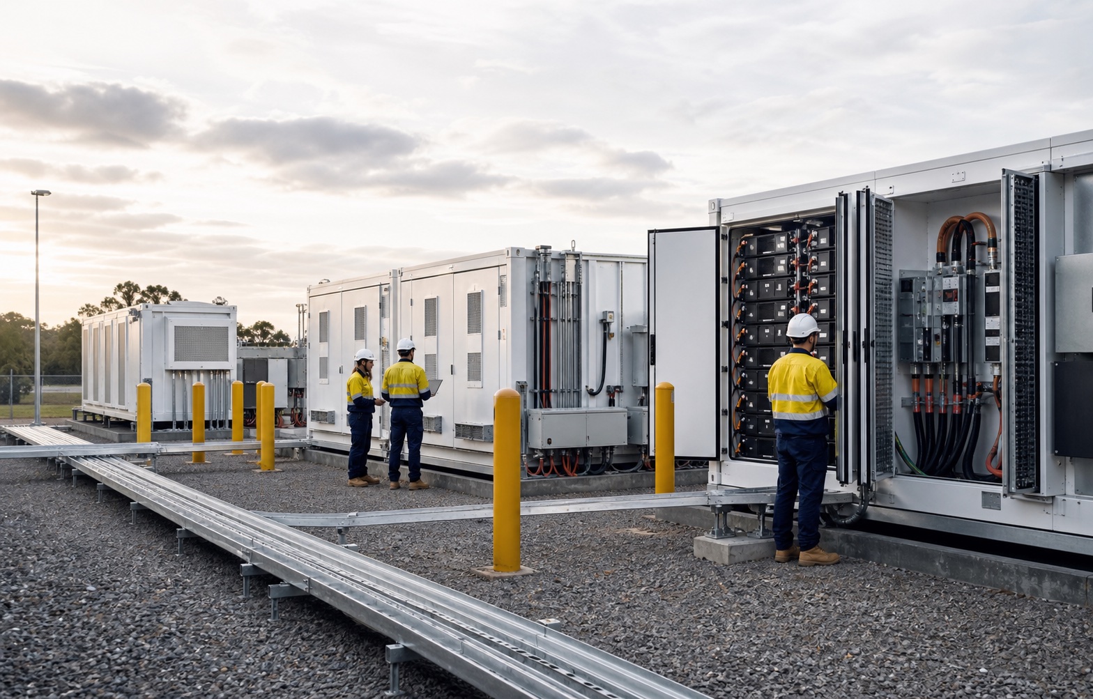 Outdoor battery energy storage installation being inspected during commissioning.