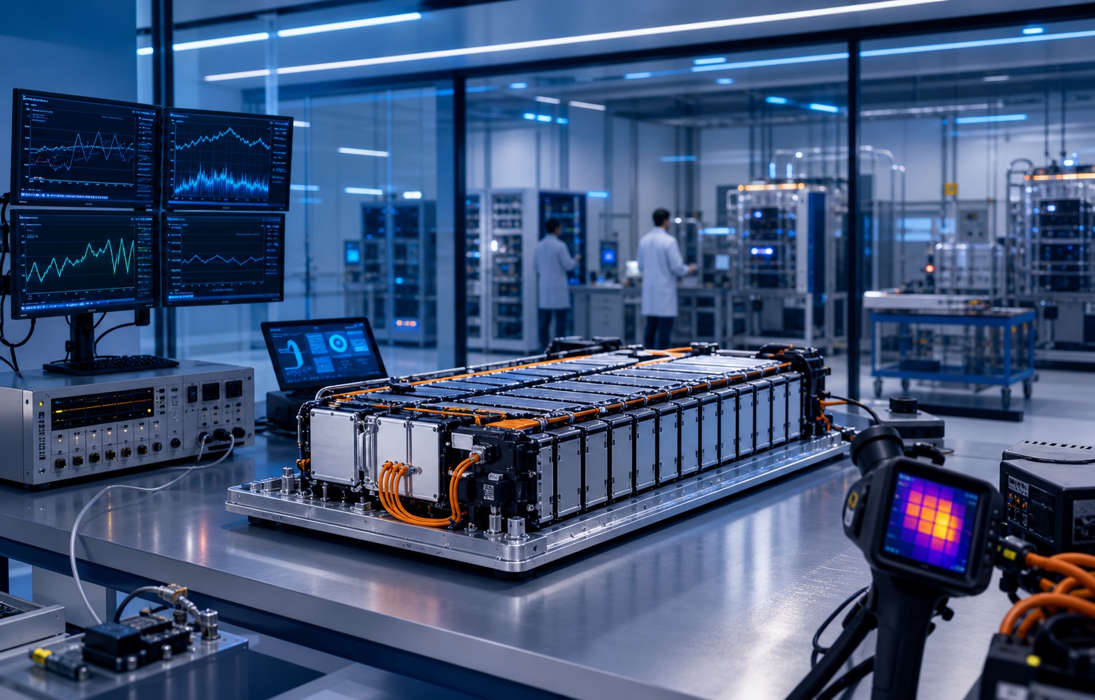 Battery storage research lab with module testing equipment, monitoring displays and thermal inspection tools.